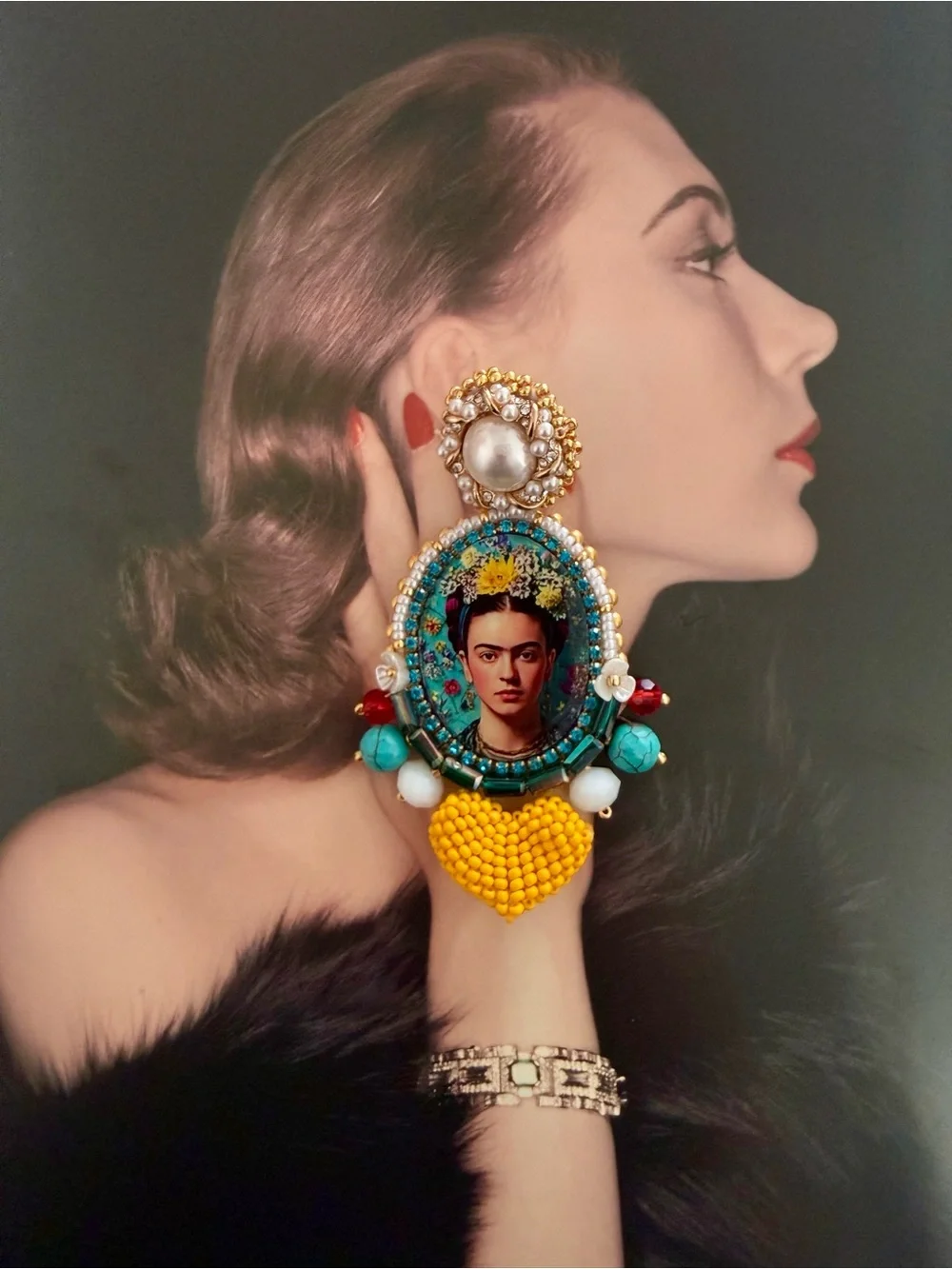 Handcrafted Yellow & Turquoise Frida Kahlo Statement Earrings